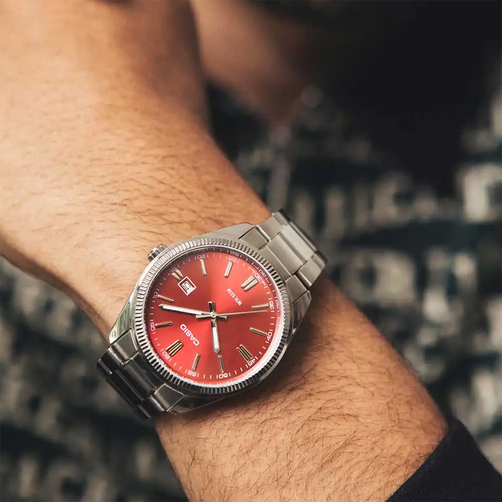 CASIO Collection MTP-1302PD 39mm Red Sunray Dial Steel Bracelet MTP-1302PD-4AVEF