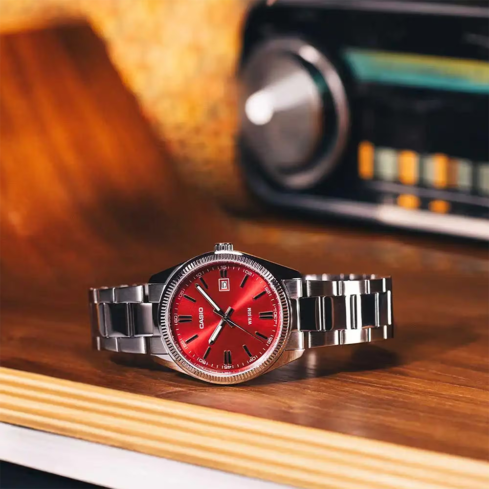 CASIO Collection MTP-1302PD 39mm Red Sunray Dial Steel Bracelet MTP-1302PD-4AVEF