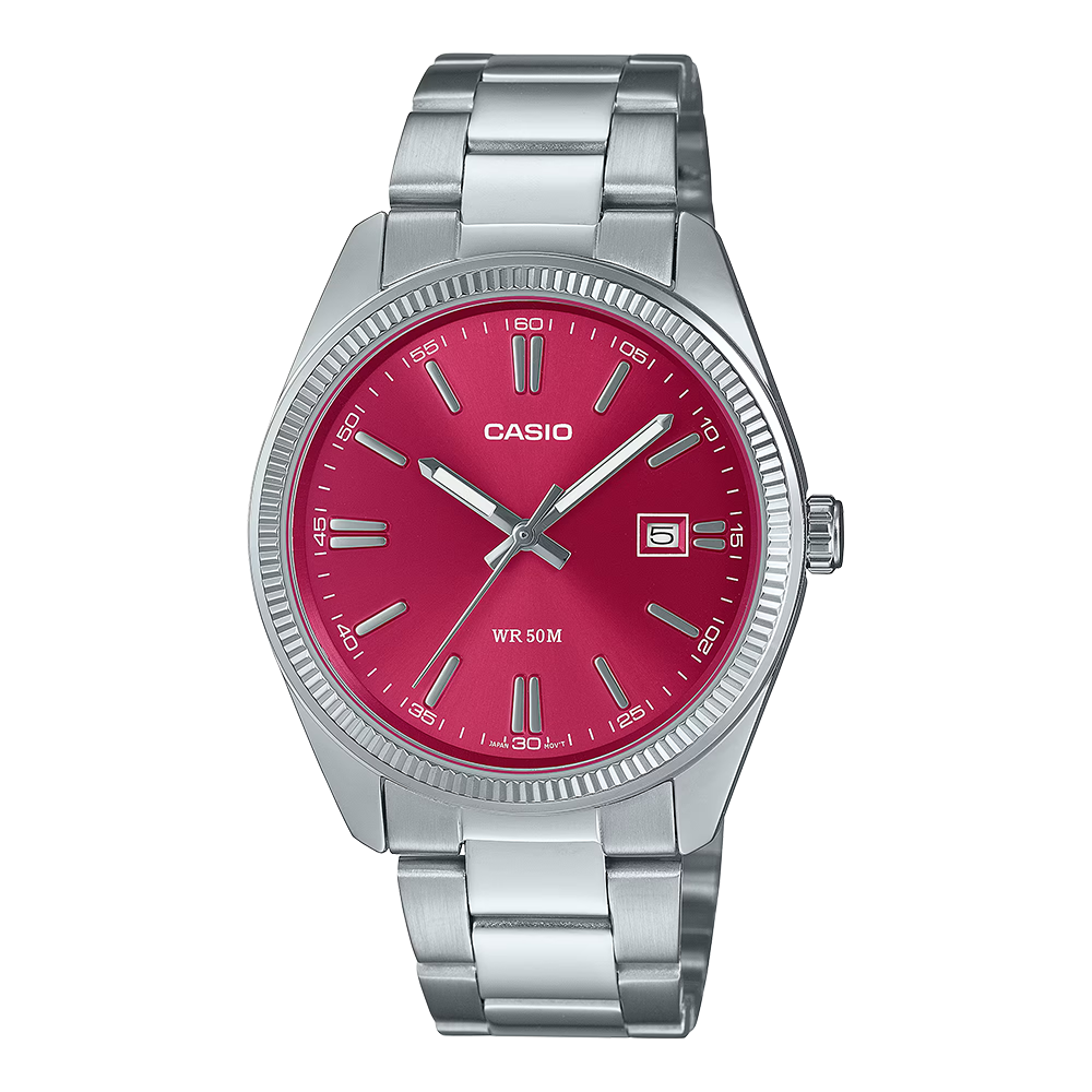 CASIO Collection MTP-1302PD 39mm Red Sunray Dial Steel Bracelet MTP-1302PD-4AVEF