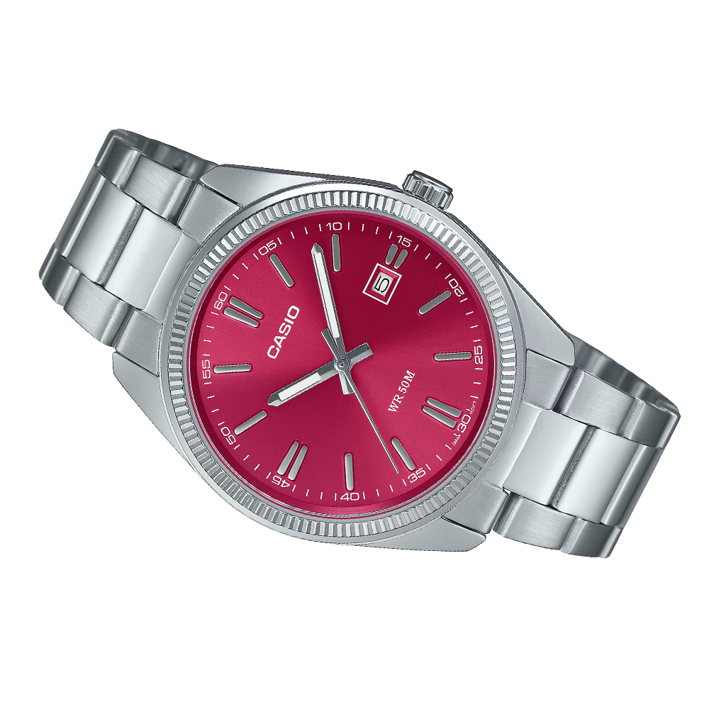 CASIO Collection MTP-1302PD 39mm Red Sunray Dial Steel Bracelet MTP-1302PD-4AVEF