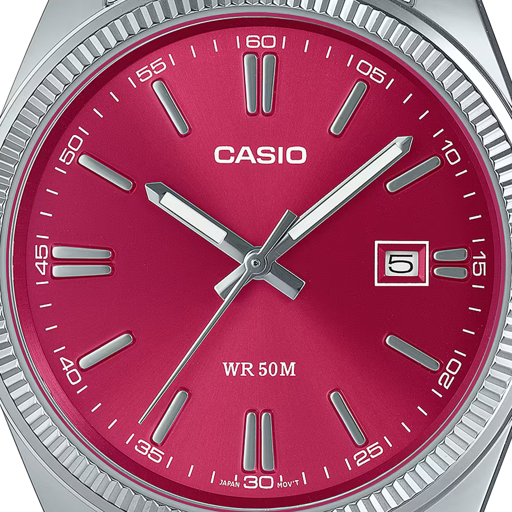 CASIO Collection MTP-1302PD 39mm Red Sunray Dial Steel Bracelet MTP-1302PD-4AVEF