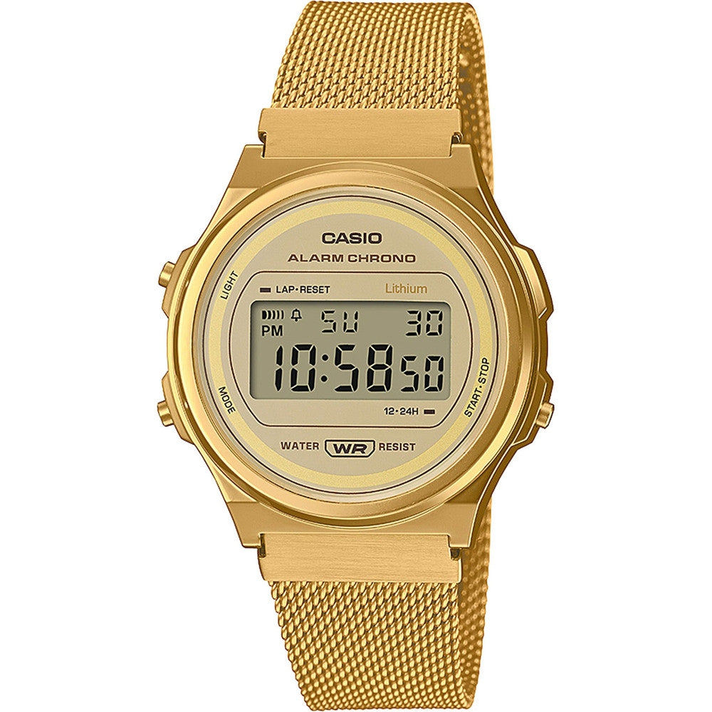 CASIO Vintage A171WEMG 37mm Gold Digital Round Mesh Bracelet A171WEMG-9AEF