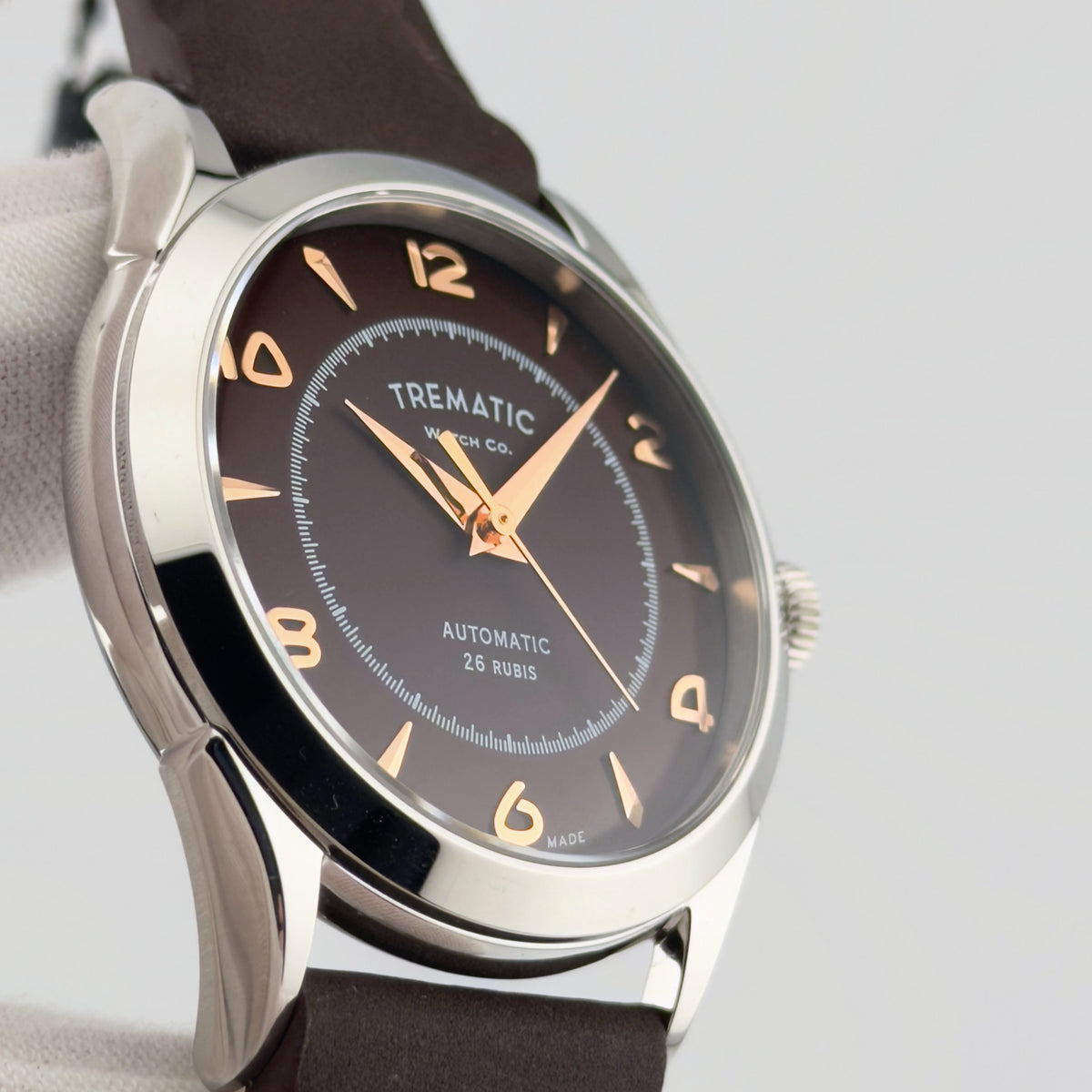 Trematic Archivio Uno Ref. 502 Choco, dial at an angle - CalderoneWatchCo