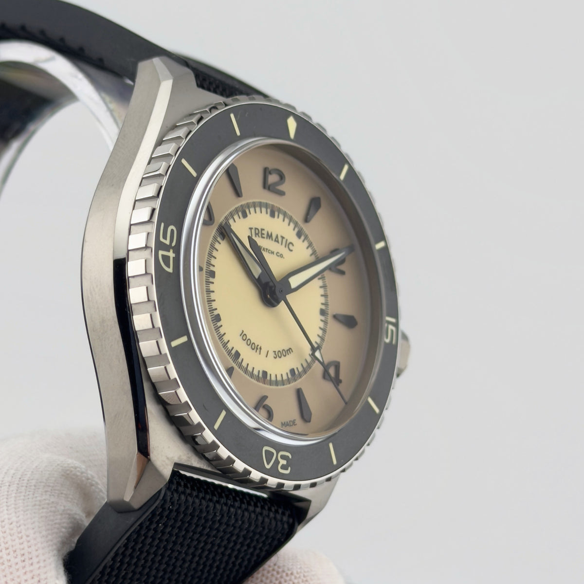 Trematic T-Five Beigua Maris Desert, dial at an angle - CalderoneWatchCo