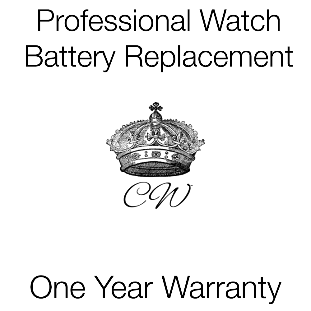 Advertisement for professional watch battery replacement with a crown illustration and 'CW' logo.