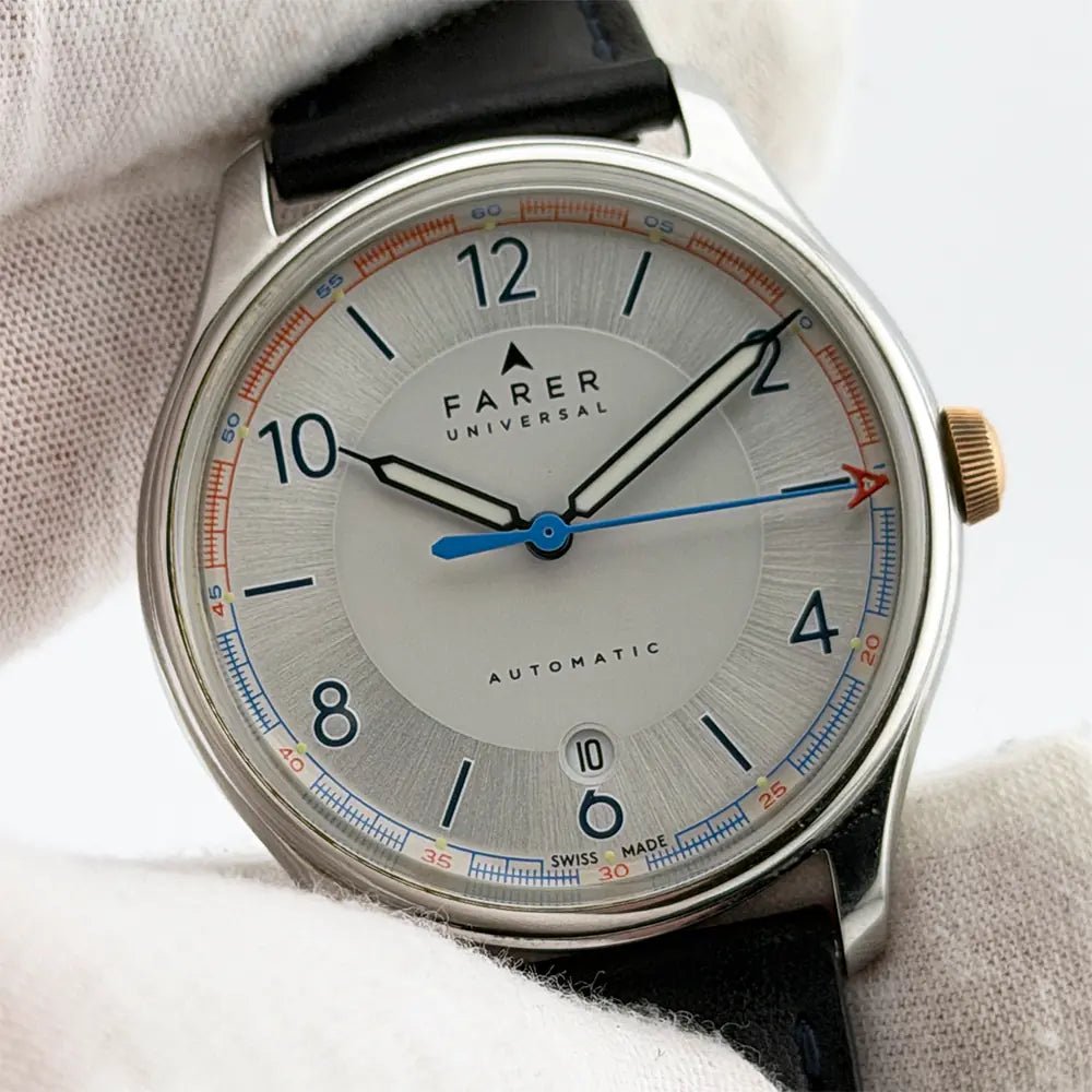 Farer Universal Automatic 39.5mm Silver Dial Full Set + 2 Extra Straps - CalderoneWatchCo