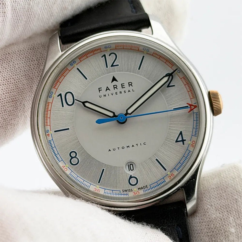 Farer Universal Automatic 39.5mm Silver Dial Full Set + 2 Extra Straps - CalderoneWatchCo