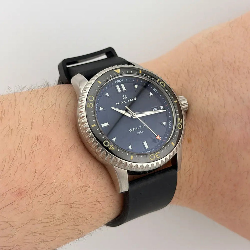 Halios Delfin 500m Blue Wave Dial – Full Set Serial 164 w/ 3 Straps – Excellent - CalderoneWatchCo